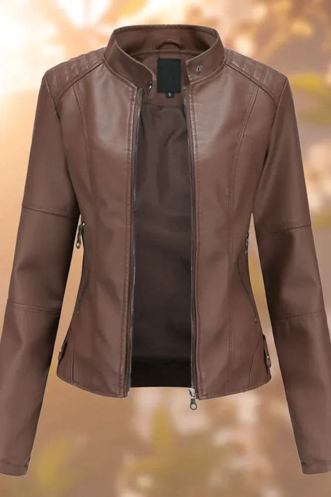 Modern women's structured leather jacket, sleek outerwear for a contemporary style, perfect for all seasons.