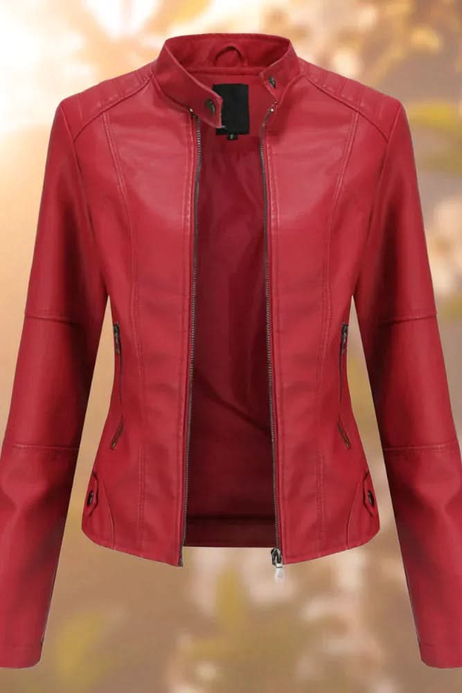 Luxurious soft leather women's structured jacket, a sophisticated and chic fashion coat for modern style.