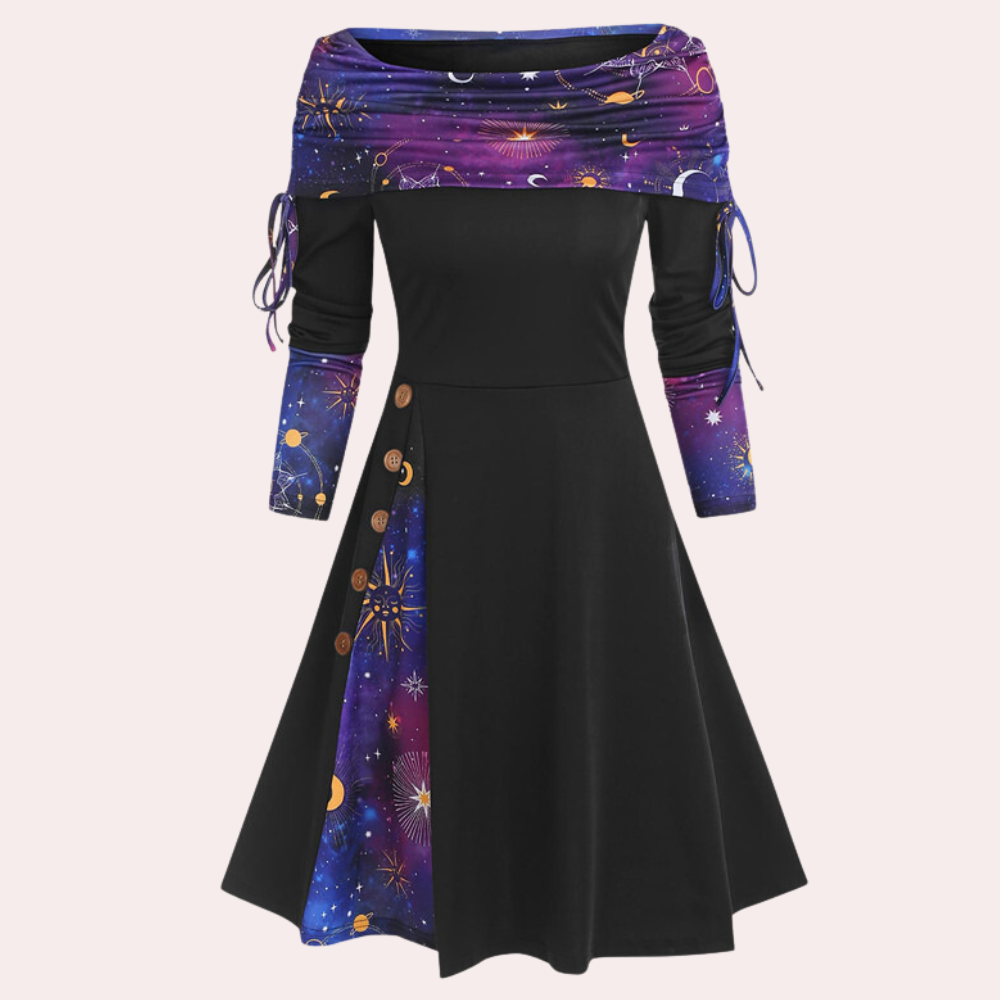 Women's stylish A-line dress with unique accent print, perfect for versatile everyday wear or elegant occasions.