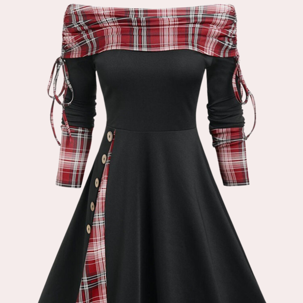 Elegant women's A-line dress with a distinctive accent print, suitable for both casual and dressy occasions.