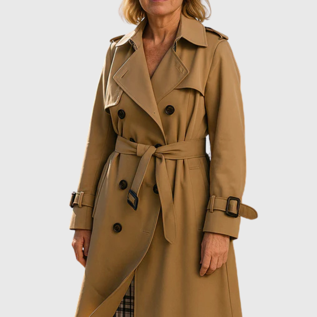 Women's stylish belted trench coat, water-resistant & double-breasted, perfect for fall and spring.
