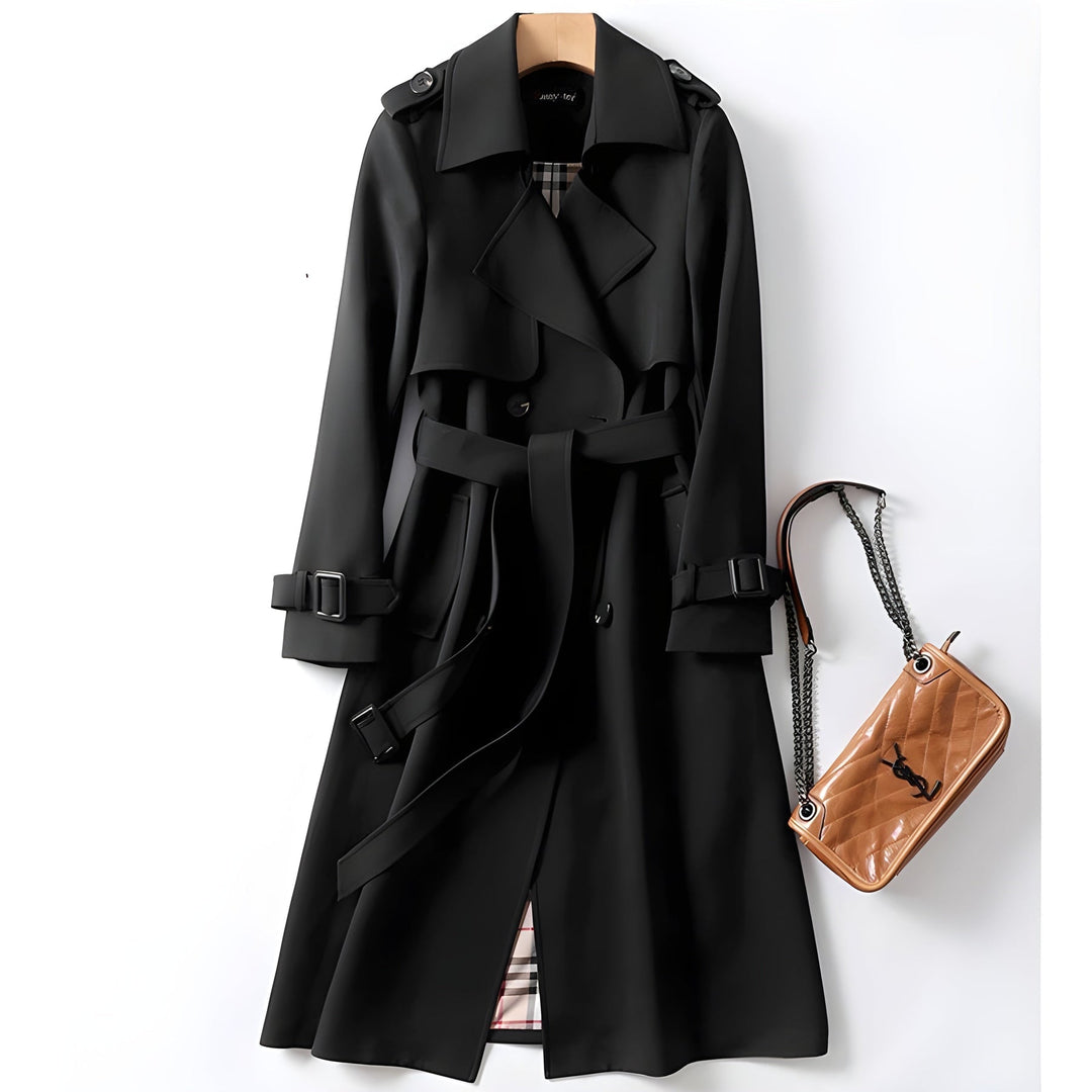 Ladies' water-resistant trench coat, double-breasted with a waist belt, stylish & functional outerwear.