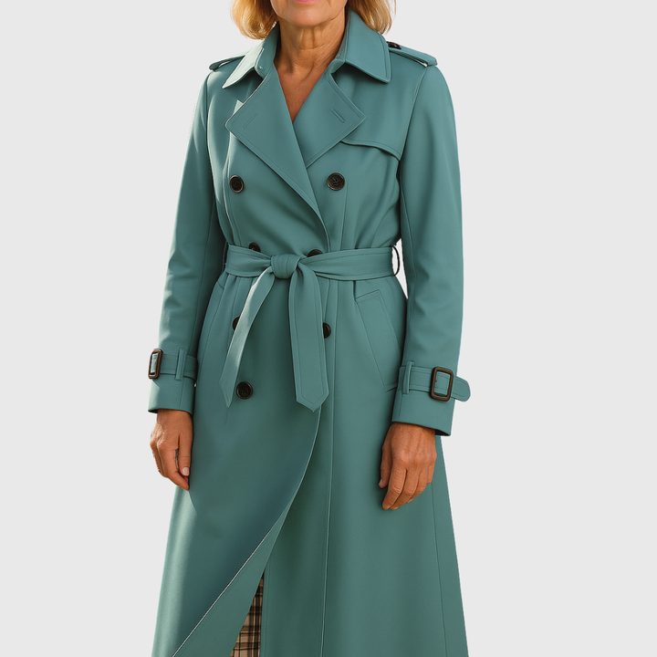 Classic women's spring trench coat, water-resistant fabric, double-breasted style with a tie belt.