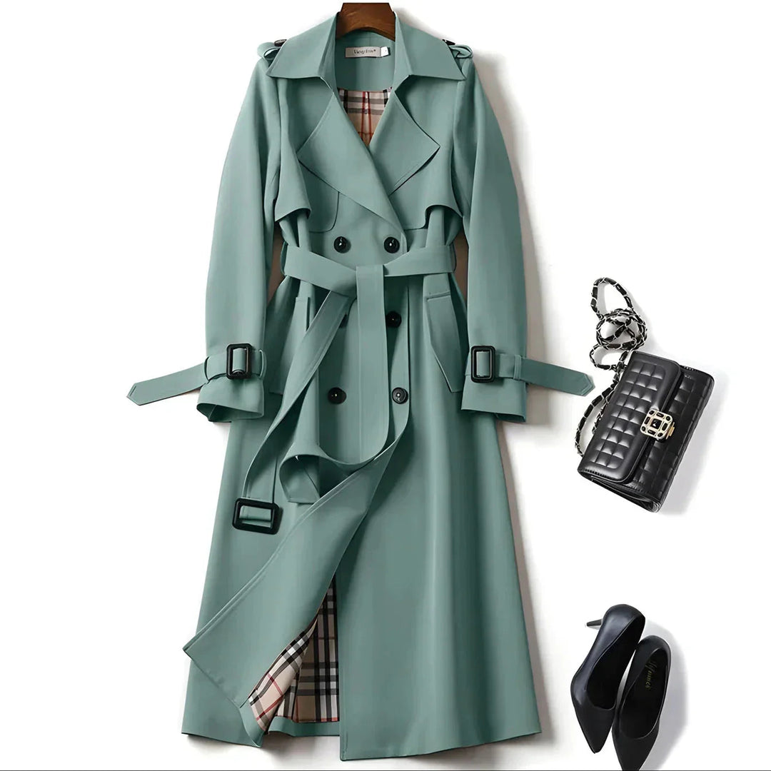 Stylish women's trench coat, water-resistant, double-breasted, perfect for elegant fall & spring looks.