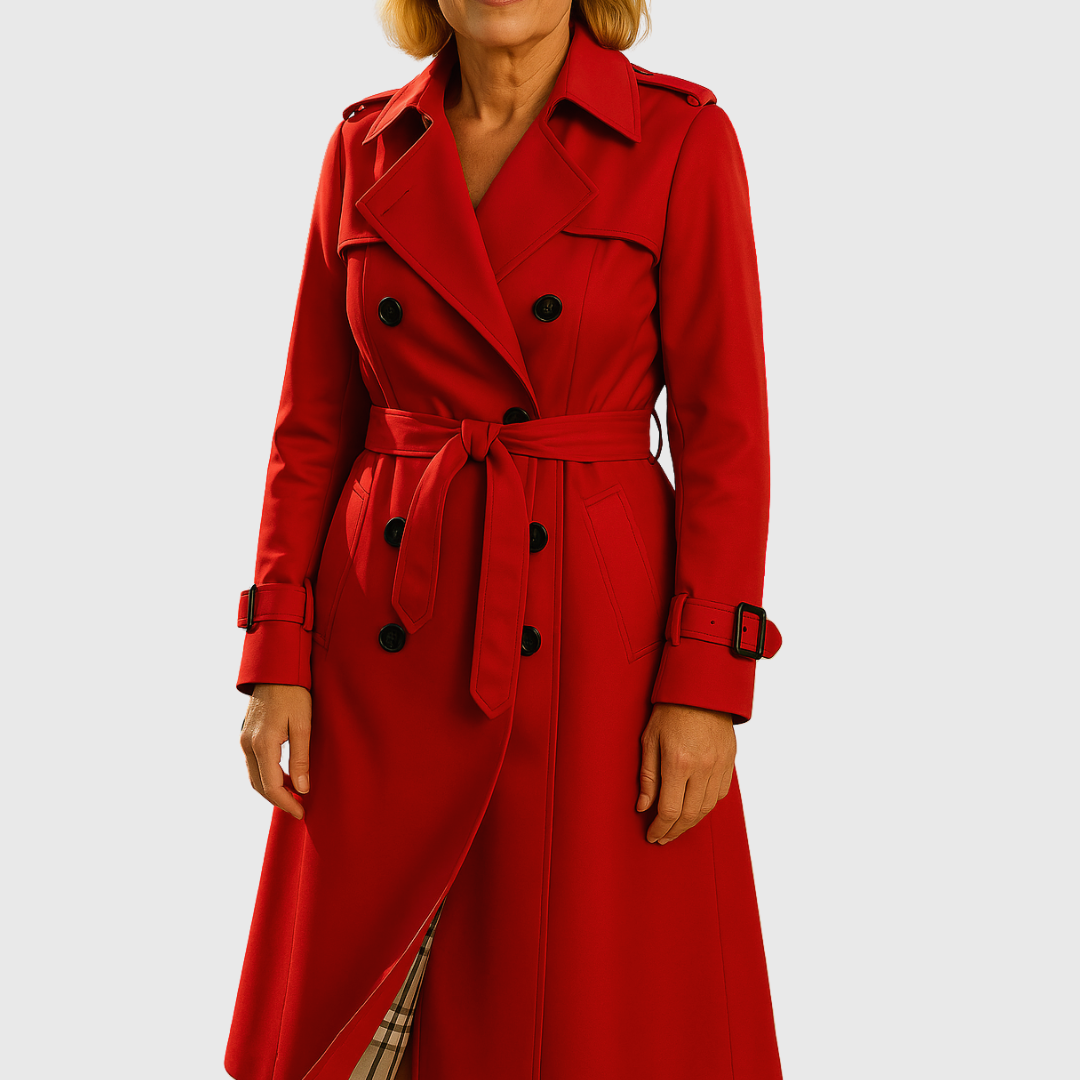 Elegant women's belted trench coat, water-resistant and double-breasted, versatile for any outfit.