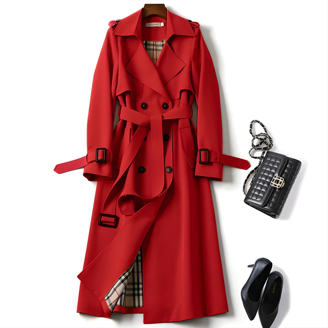 Women's everyday trench coat, water-resistant, double-breasted, featuring a chic and adjustable belt.