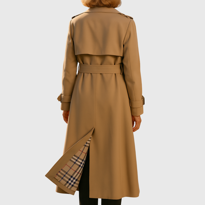 Classic women's double-breasted trench coat with belt, water-resistant, elegant fall outerwear.