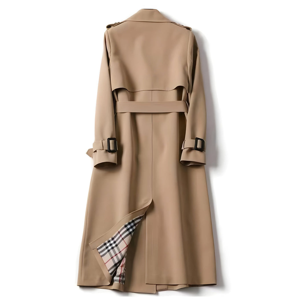 Elegant ladies' belted trench coat, double-breasted style, versatile water-resistant outerwear.