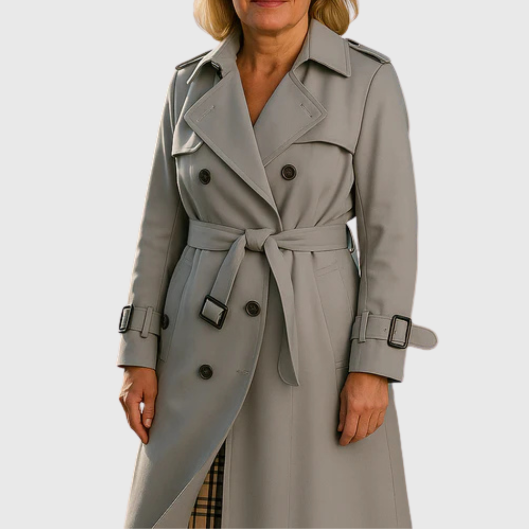 Water-resistant women's trench coat, double-breasted, with a stylish belt, ideal for everyday chic.