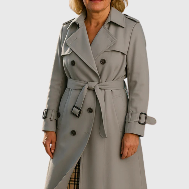 Water-resistant women's trench coat, double-breasted, with a stylish belt, ideal for everyday chic.