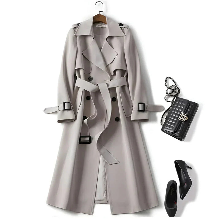 Versatile women's trench coat, classic belted design, water-resistant for all weather, spring & fall.