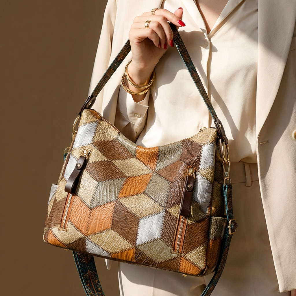 Vegan leather women's tote bag in tan with sophisticated contrast stitching, perfect for everyday.