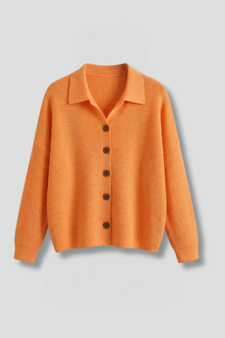 Women's stylish collared cardigan with button front, long sleeves, and hip length.