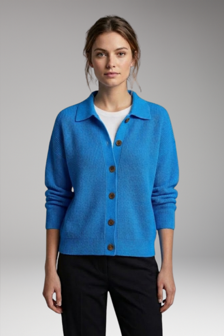 Layered look women's collared cardigan, button front, versatile for any casual or elegant outfit.
