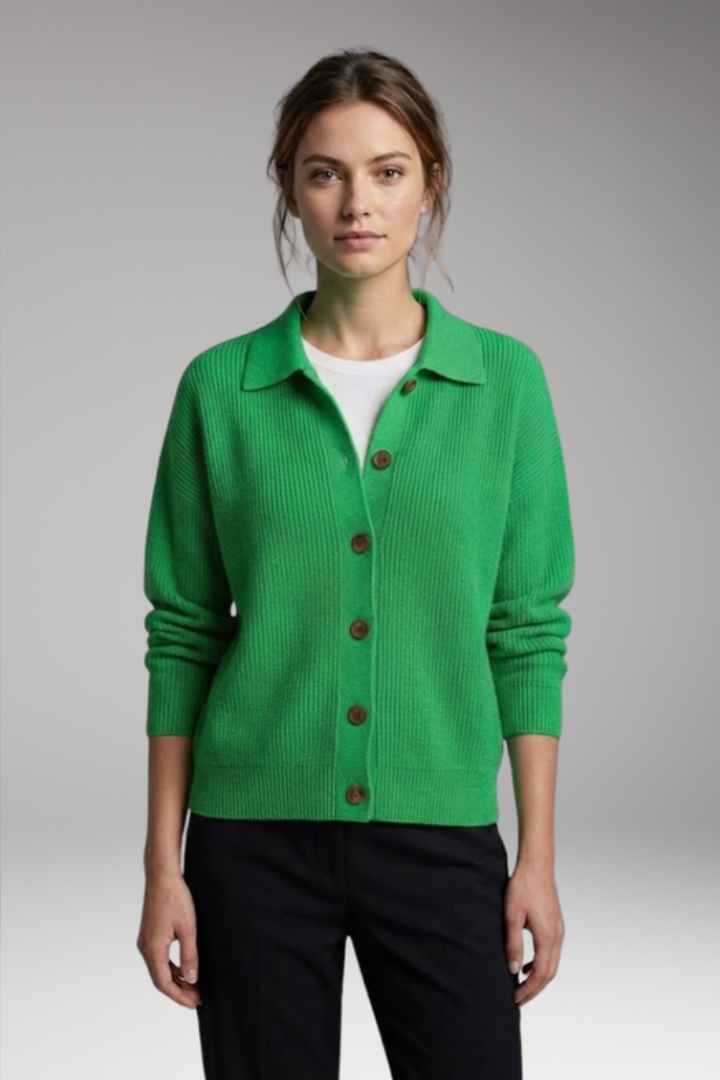 Stylish women's collared button-front cardigan, long sleeve, hip length for versatile styling.