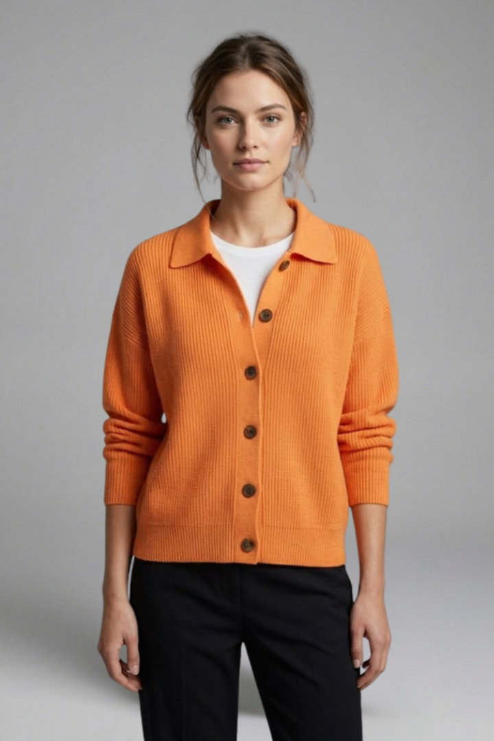 Elegant women's collared cardigan, perfect for office wear or casual layering outfits.