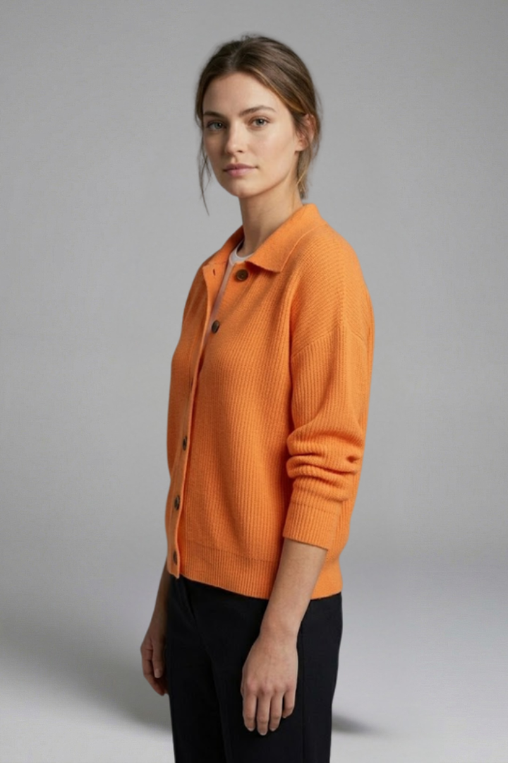 Versatile hip-length women's button-front cardigan with a chic collar, great for fall fashion.