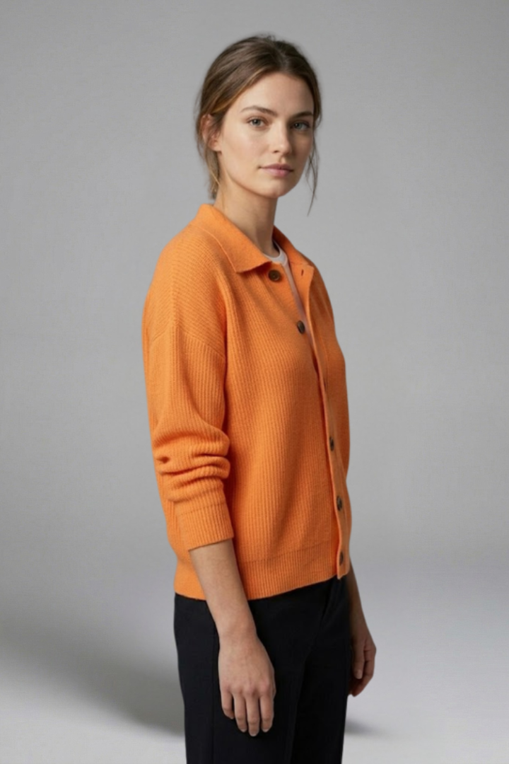 Fall fashion women's collared cardigan, ideal for layered, elegant outfits and office wear.