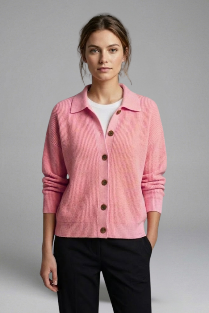 Chic women's collared button-front cardigan in a versatile color, long sleeve, hip length.
