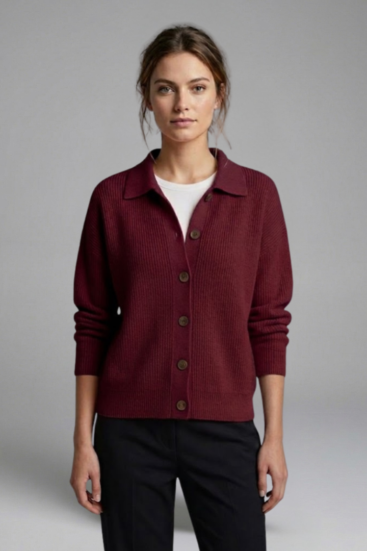 Hip-length women's collared cardigan, long sleeve, with classic button front, a versatile piece.