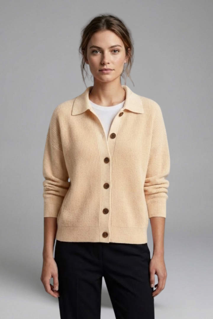 Women's long sleeve collared cardigan, button front, for elegant fall fashion and office wear.