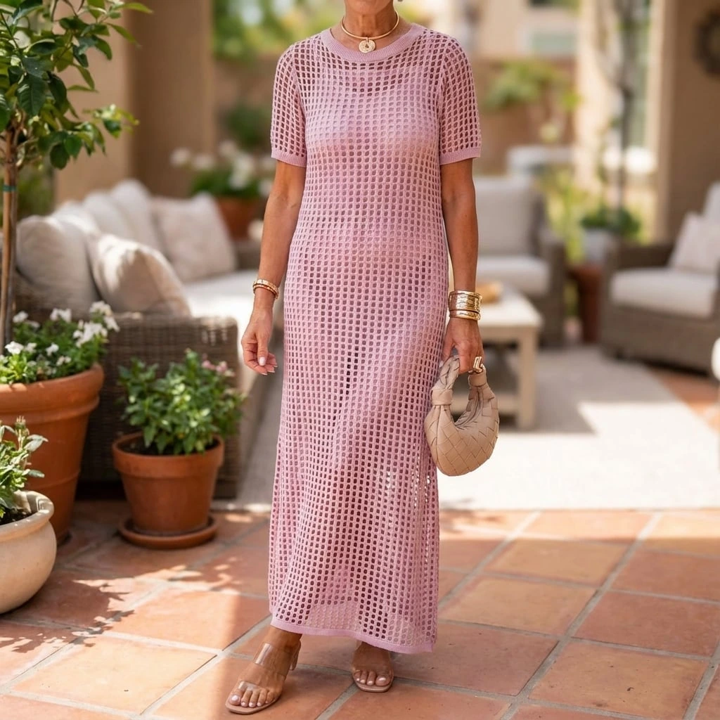 Women's stylish crochet maxi dress, short sleeve beach cover-up, perfect for resort wear.