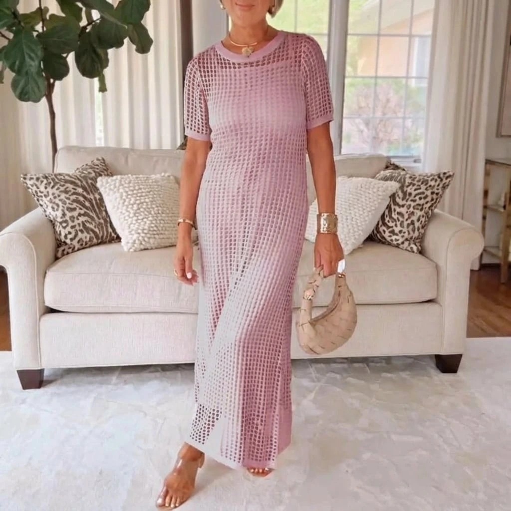 Elegant sheer crochet maxi dress for women, short sleeve cover-up, ideal for summer vacation style.