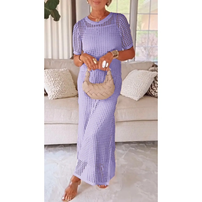 Casual chic women's short sleeve crochet maxi dress, a versatile beach cover-up & resort wear.