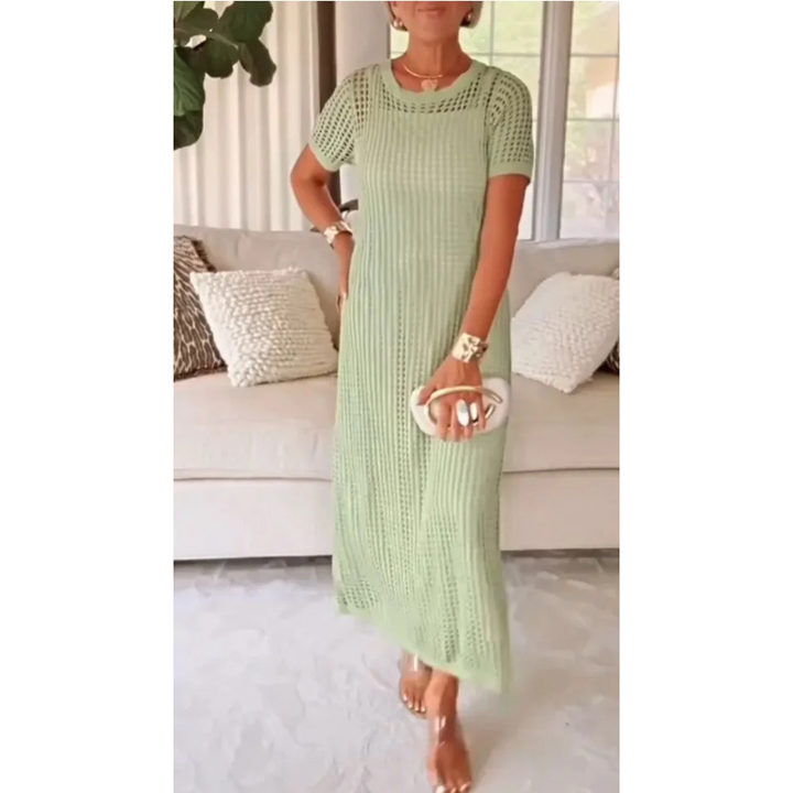 Textured crochet knit maxi dress, women's short sleeve cover-up, perfect for vacation & resort.