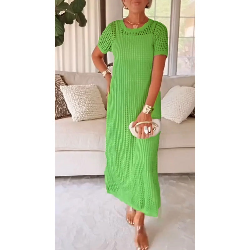 Women's sheer short sleeve crochet maxi dress, a fashionable beach cover-up & summer resort wear.