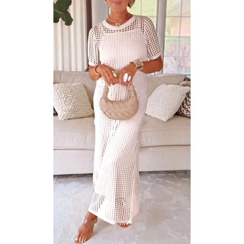 Women's elegant crochet maxi dress, short sleeve summer cover-up, perfect for beach & resort style.