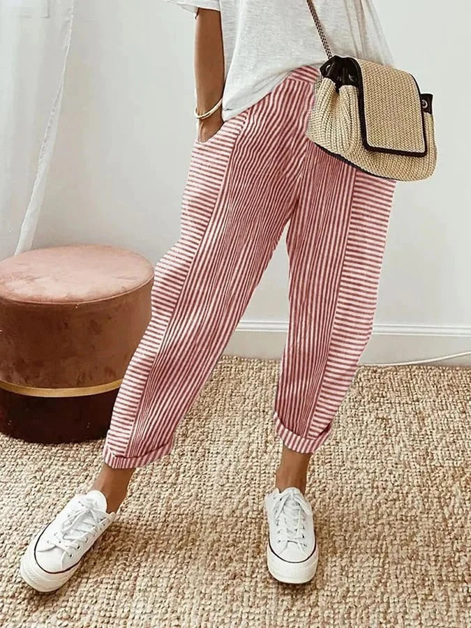 Fashionable women's straight-leg striped cropped pants, versatile for spring and summer outfits.