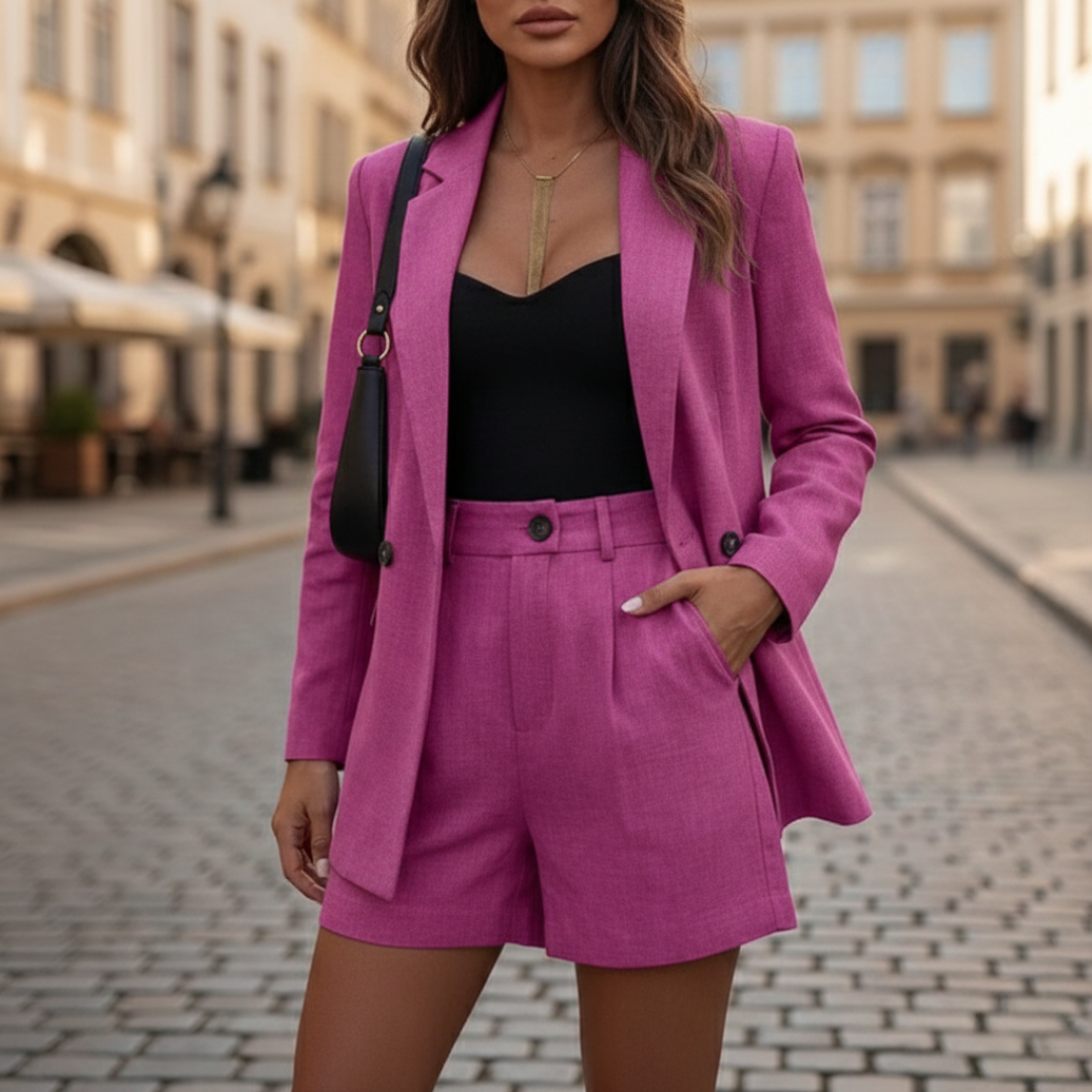 Confident women's double-breasted blazer & shorts suit set, a stylish two-piece tailored for summer comfort.