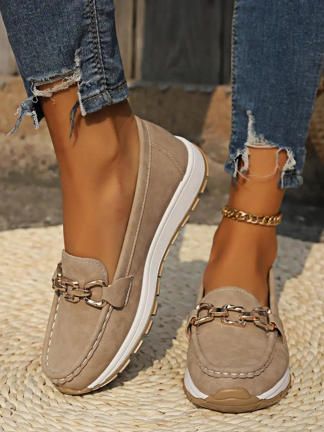 Women's stylish flat buckle loafers, perfect for everyday elegance & comfortable wear. Slip-on design.