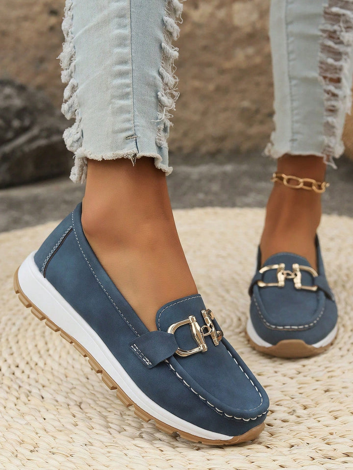 Elegant women's flat buckle loafers, ideal for work, casual outings & everyday chic style. Versatile slip-ons.