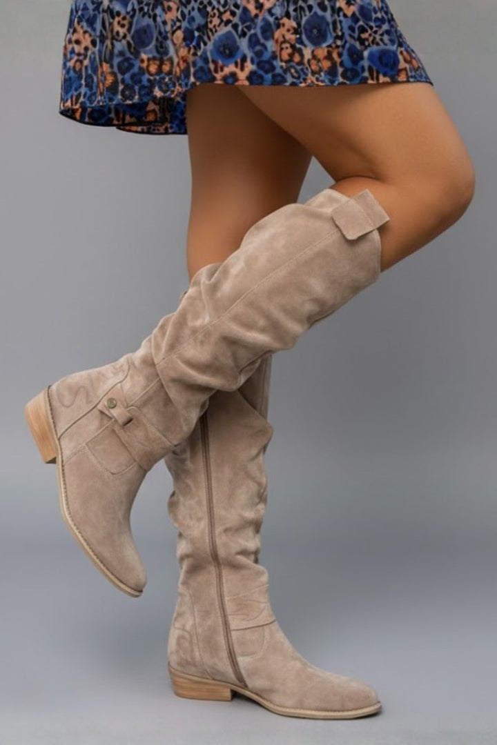 Ladies flat heel knee-high boots, versatile for casual wear or dressing up, offering comfort.