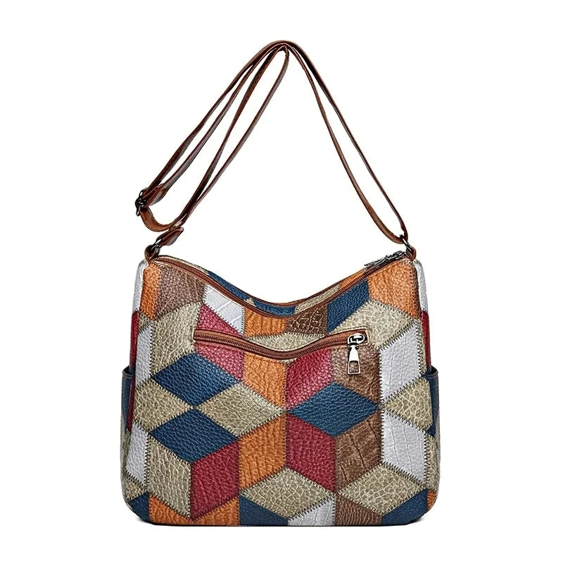 Modern geometric patchwork handbag for women, a stylish vegan leather shoulder and crossbody bag for daily fashion.