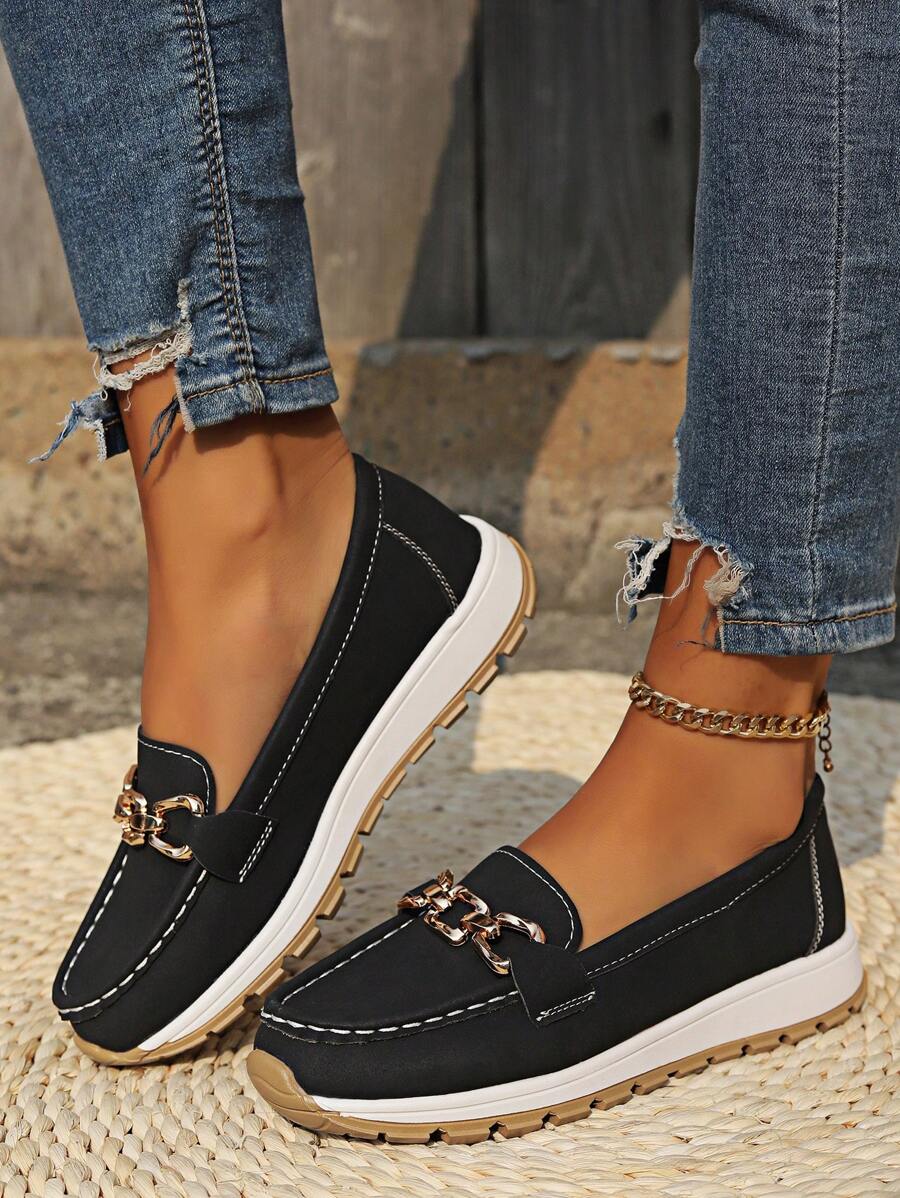 Stylish women's gold chain flatform loafers, perfect as comfortable slip-on round toe everyday footwear.
