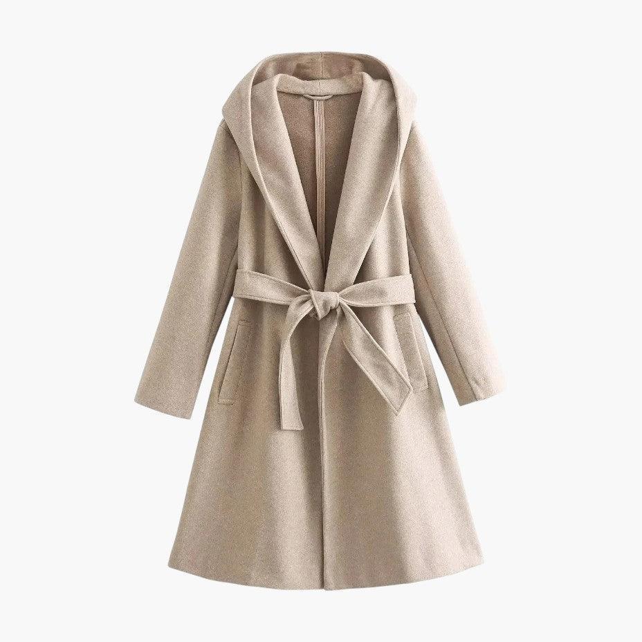 Classic button-front women's trench coat with a practical hood, ideal for stylish spring & fall outerwear.