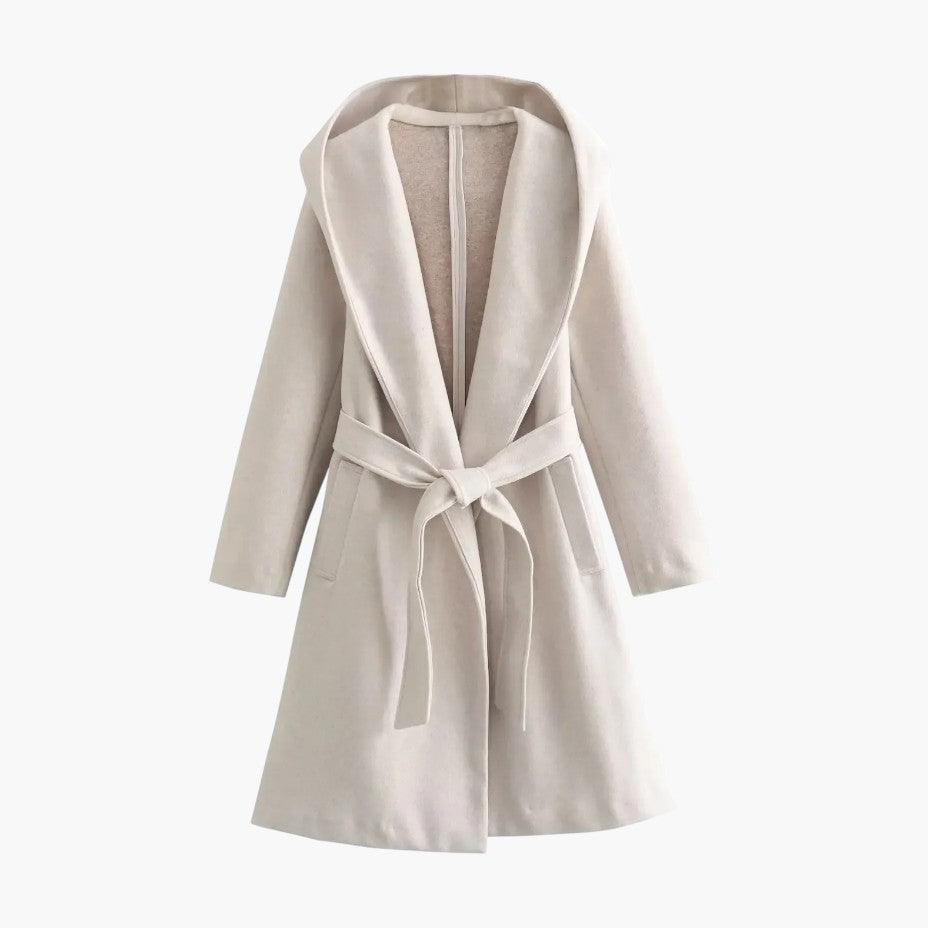 Comfortable women's hooded trench coat, button front, provides stylish weather protection for spring/fall.