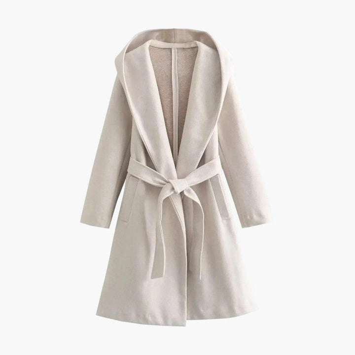 Comfortable women's hooded trench coat, button front, provides stylish weather protection for spring/fall.