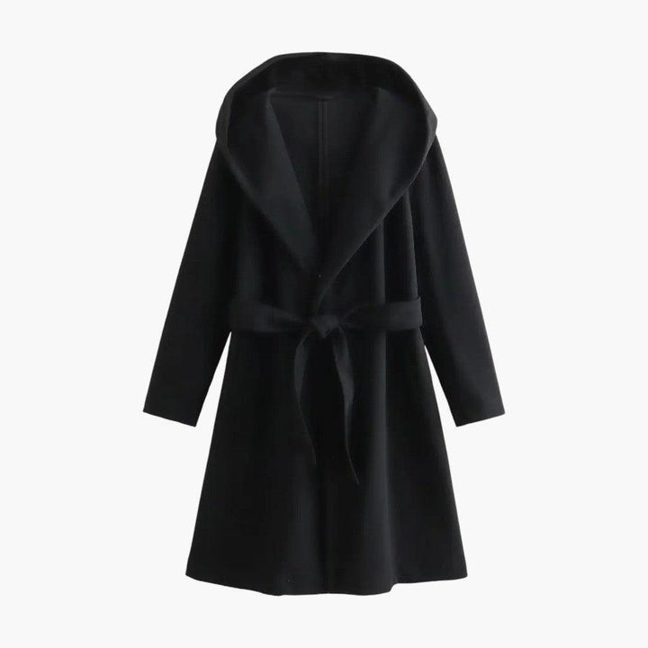 Women's hooded trench coat, stylish rainwear with button front and belt, essential for spring & fall fashion.
