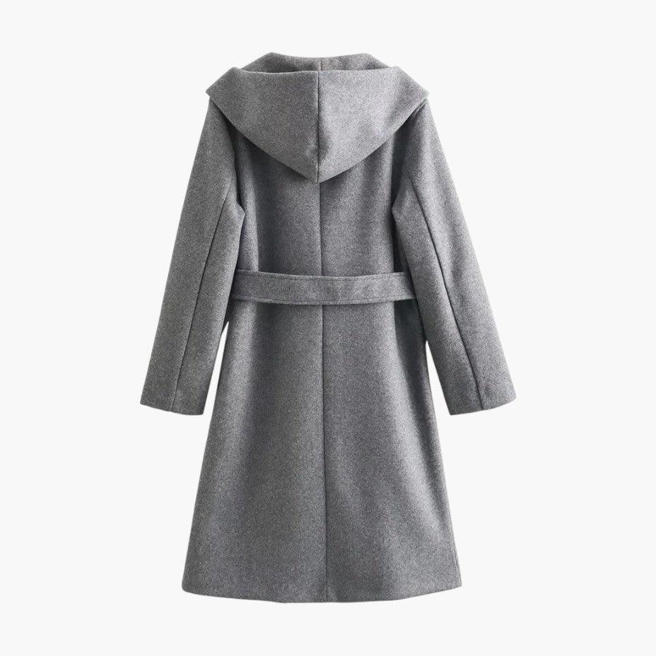 Protective women's hooded trench coat, ideal rainwear for spring & fall; classic belted jacket style.