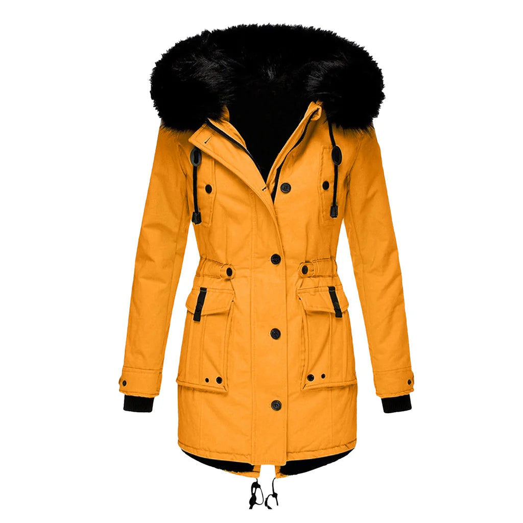 Premium women's winter jacket, providing stylish warmth. Hooded outerwear for cold weather, a fall/winter fashion essential.