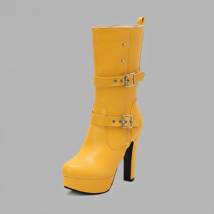 Front view of women's chic mid-calf boots, high heel, perfect for fall fashion