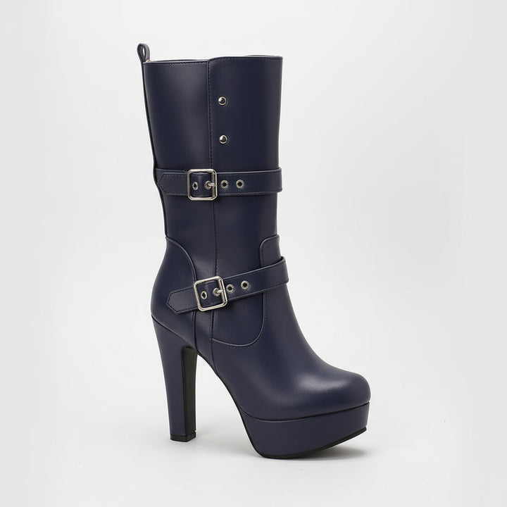 Side profile of women's elegant heeled boots, mid-calf cut, classic buckle detail