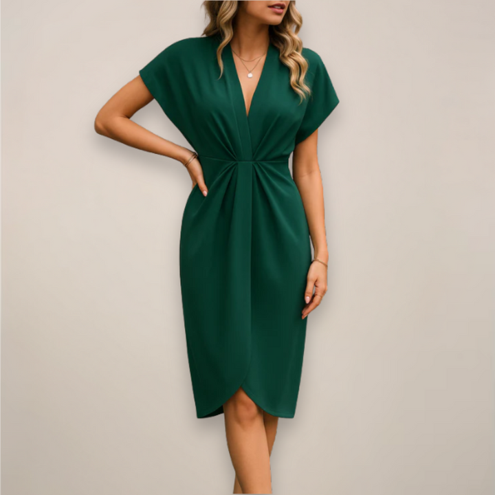 Flattering women's wrap midi dress, versatile and chic for any event.