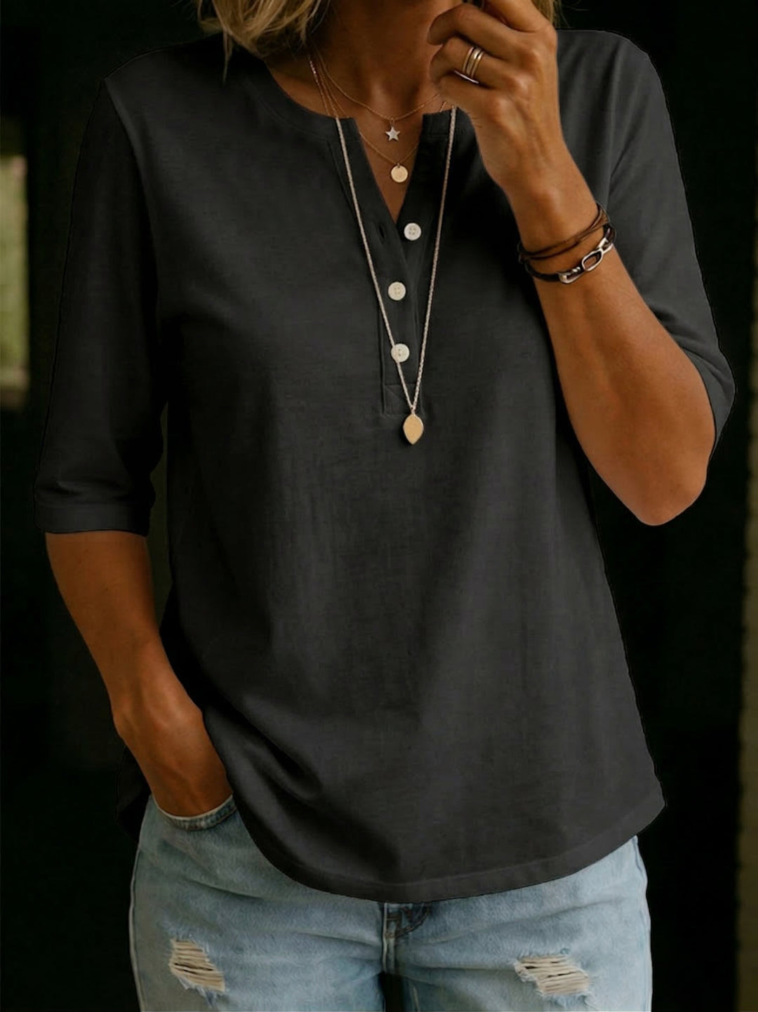 Versatile women's blouse with 3/4 sleeves & elegant notch neck, ideal for stylish everyday fashion.