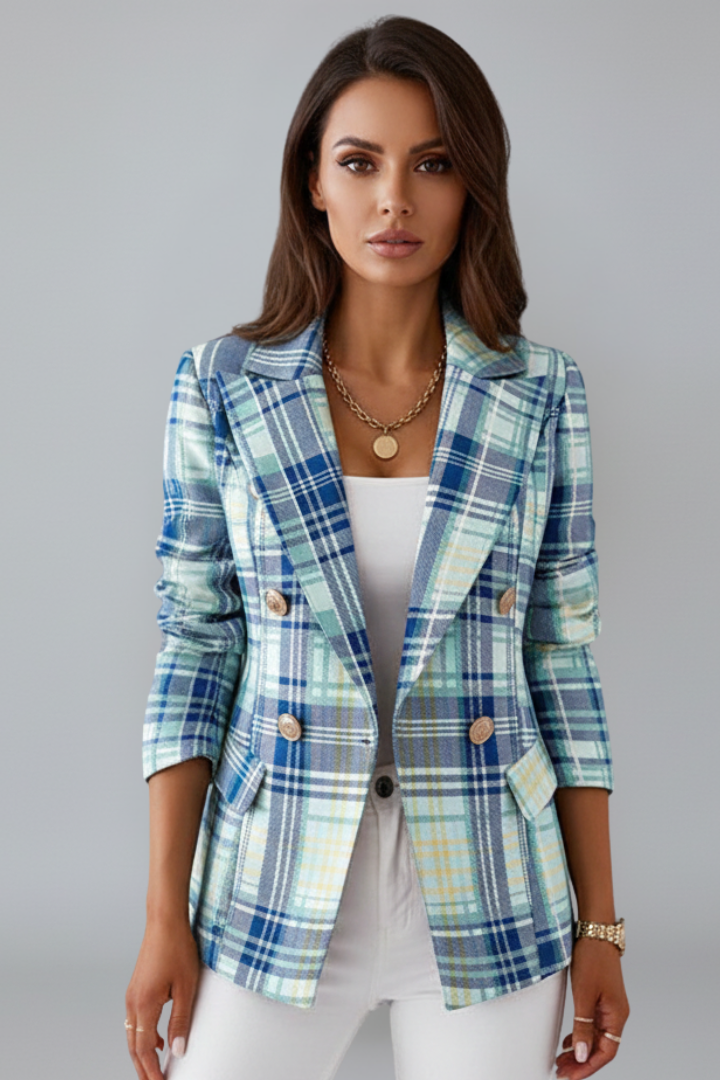 Structured women's open front blazer with classic lapels, an elegant choice for work or sophisticated daily wear.