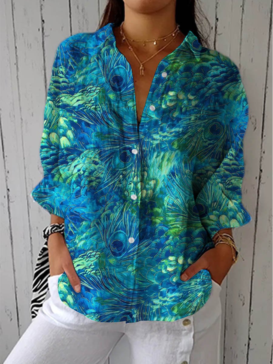 Women's stylish peacock print V-neck button up long sleeve blouse, vibrant casual top for spring & summer.